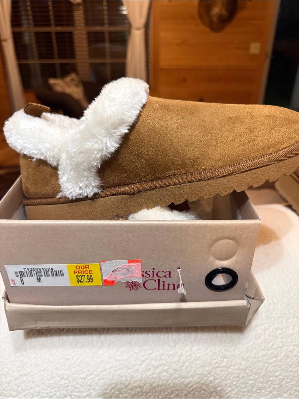 Jessica Cline Women's Chestnut Faux-Suede Slipper with White Fleece Trim